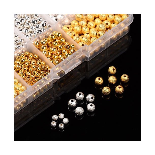Beadmix i plasticbox, stardust and shiny beads, round, 4 sizes, ca. 990 pcs, 1 stk