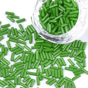 Glass bugle bead, oblong, opaque green, 6-6,5x2 mm, appx. 280pcs