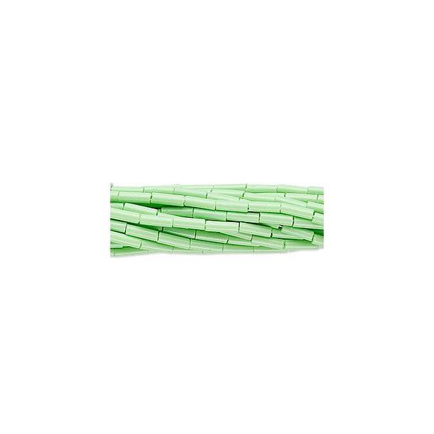 Glass bugle bead, oblong, opaque light green, 6x2 mm, 450pcs.