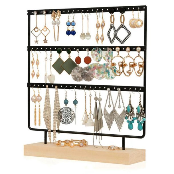 Jewellery stand, black lacquered iron and pine, 69 holes, 30x27x7 cm