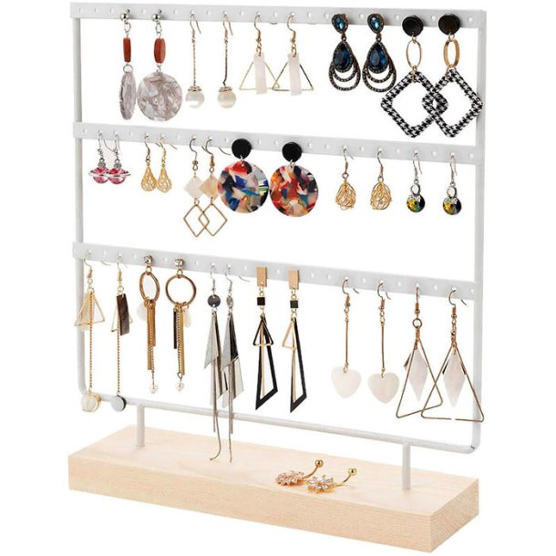 Jewellery stand, white lacquered iron and pine, 69 holes, 30x27x7 cm