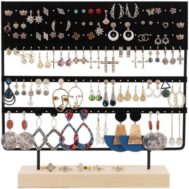 Jewellery stand, black lacquered metal and pine, 144 holes, 30x28,5x7 cm