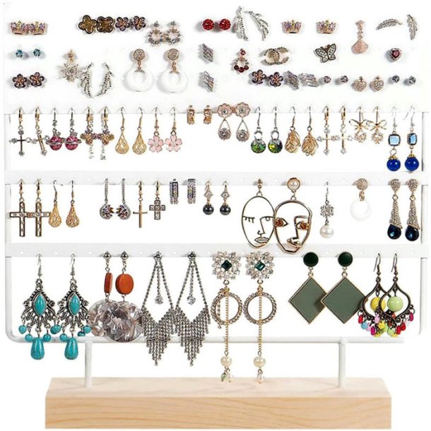 Jewellery stand, white lacquered iron and pine, 144 holes, 30x28,5x7 cm
