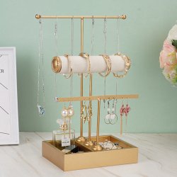 Schmuckst�nder mit 3 T-f�rmigen Reihen aus goldfarbenem Metall und Holz, 36x20x15 cm