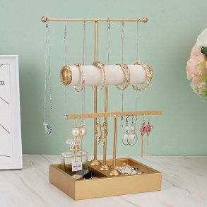 Schmuckst�nder mit 3 T-f�rmigen Reihen aus goldfarbenem Metall und Holz, 36x20x15 cm