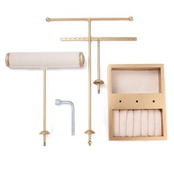 Schmuckst�nder mit 3 T-f�rmigen Reihen aus goldfarbenem Metall und Holz, 36x20x15 cm