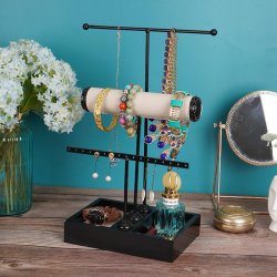 Smykkestativ med 3 T-r�kker og bakke, sort metal og tr�, 36x20x15 cm
