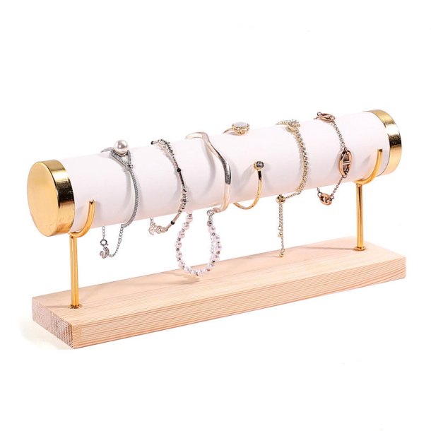 Bracelet stand in white faux leather, golden metal and wood, with 1 roll, 29x7x12,5 mm