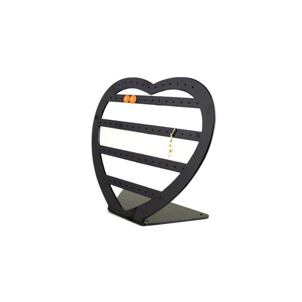 Smykkestativ, sort acryl hjerte med 5 rkker, plads til 33 par, 18x18x8 cm, 1 stk.