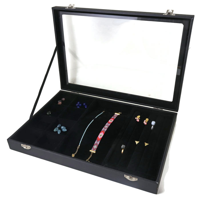 Display-Schachtel mit Deckel, schwarzes Velours, für Ringe, Ohrringe, Armband u.ä. 1 Stk
