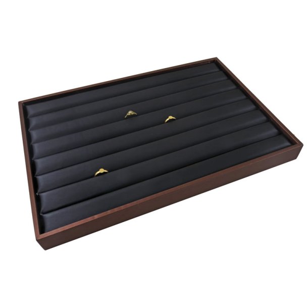 Display box, for finger rings etc. with grooves, black fabric and copper coloured. 1 piece