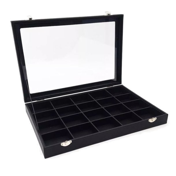 Display box with black leatherette, with lid and 20 compartments, 1 pc
