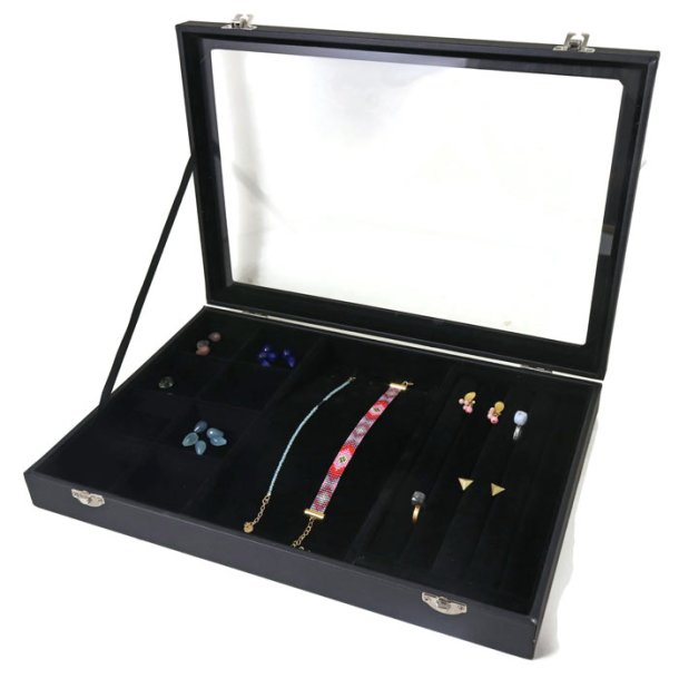 Display box with lid and black welvet, for rings, bracelets, earrings etc., 1 pc