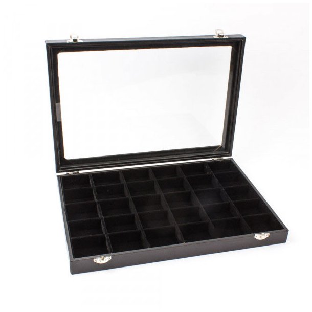 Display box, black leatherette and velours, glass lid and 30 compartments, 1pc