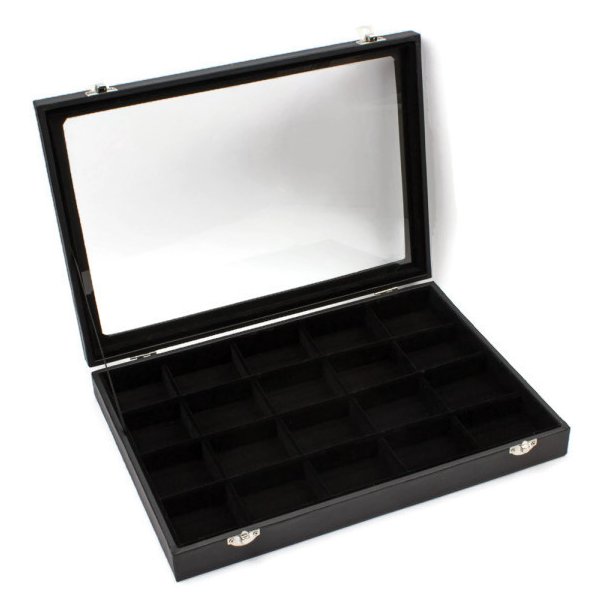 Display box, black leatherette and velours, glass lid and 20 compartments