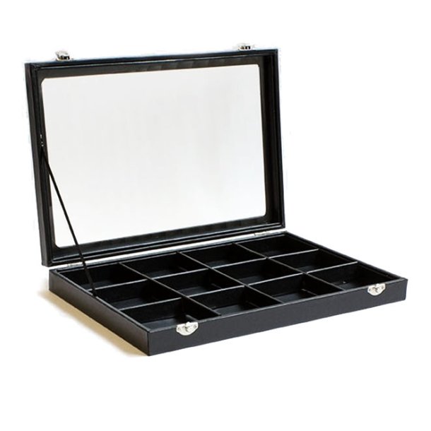 Display box with lid and 12 black compartments, black leatherette, 1pc.