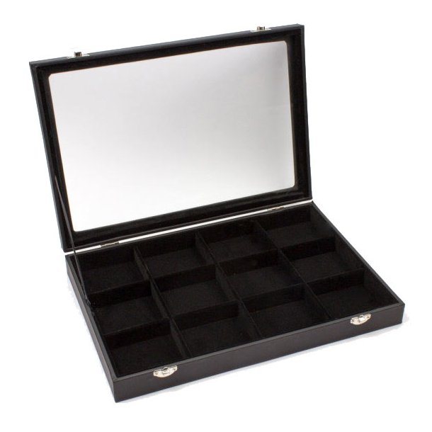 Display box with lid and 12 black welvet compartments, 1pc
