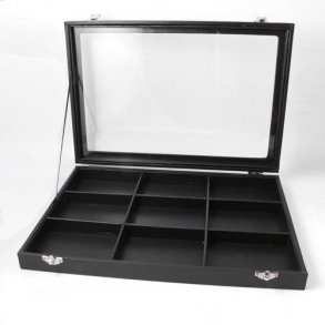Display-Schachtel mit Deckel und 9 schwarzen Fächern, schwarzes Kunstleder, 1 Stk.