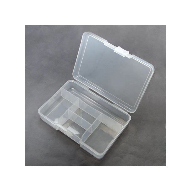 Small organizer box for beads, pills etc., 140x100x30mm, clear plastic, 5  compartments, 1pc