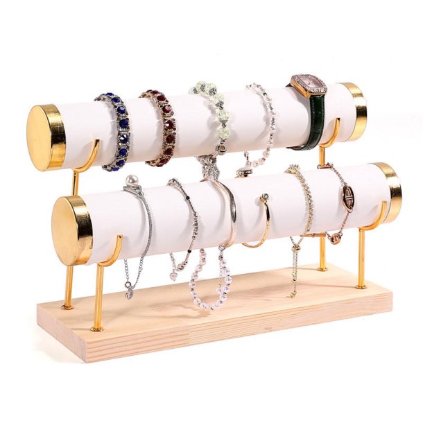 Bracelet stand in white faux leather, golden metal and wood, with 2 rows, 29x18,5x10 mm