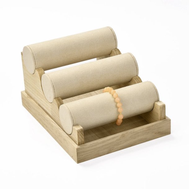 Bracelet stand with 3 rows, short version, off-white artificial suede and wood, 24x18x13.5 cm