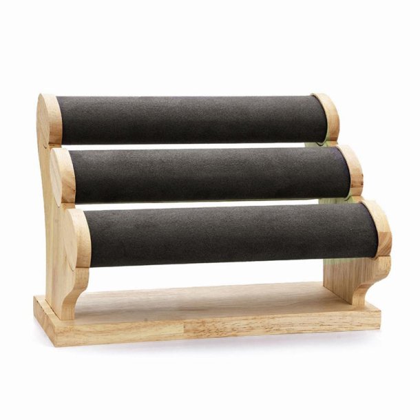 Bracelet stand with 3 rows, black artificial suede and wood, 29.5x21x20 cm, 1 piece