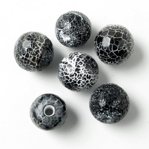 Cracked sort agat, rund facet perle, 10 mm. 6 stk