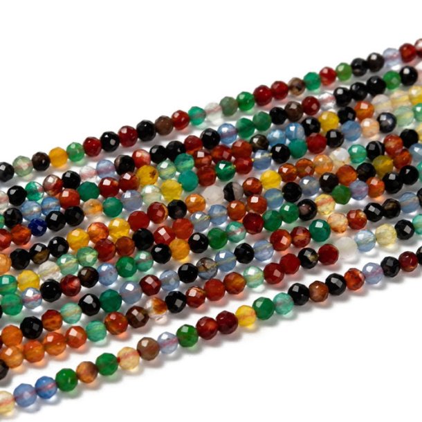 Agat, perle, mixede farver, hel streng, facet, 3 mm, ca. 130 stk