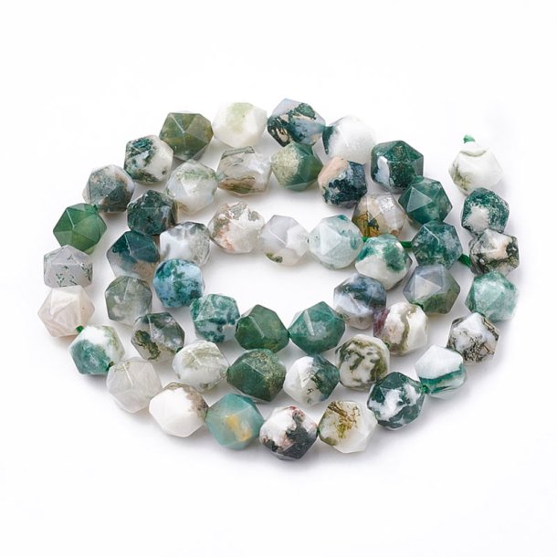 Wood-agate bead, whole strand, faceted, marbled, white/green 8 mm, 45 pieces