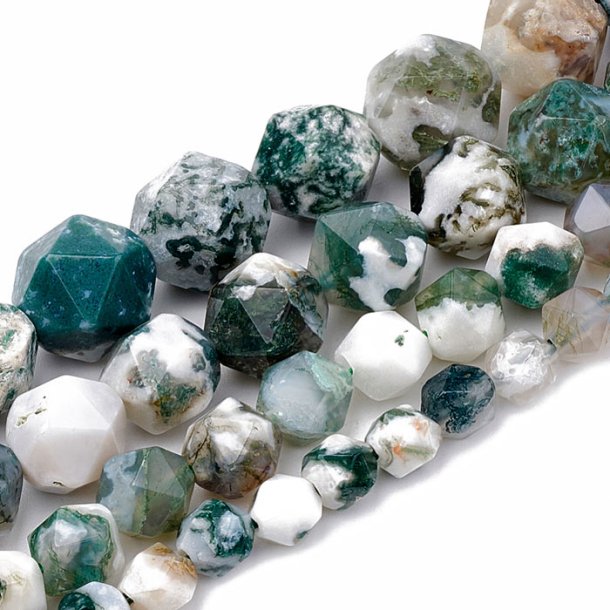Wood-agate bead, faceted, whole strand, marbled, white/green 6 mm, 60 pcs