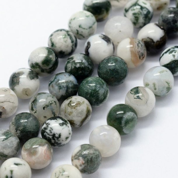 Wooden agate bead, whole strand, round, marbled, white/green 10 mm, 37 pieces