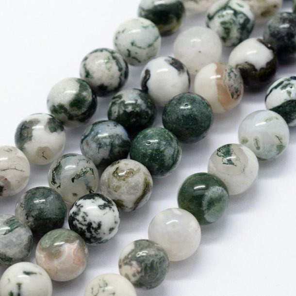 Wood-agate bead, full strand, round, marbled, white/green 8 mm, ca. 48 pcs