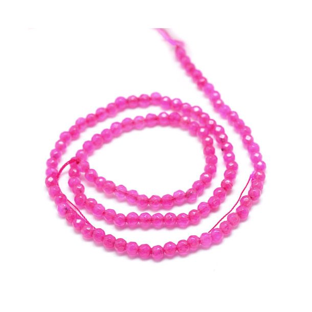 Farvet agat, hel perlestreng, fuchsia-pink, facetteret rund perle, 3 mm, ca. 130 stk.