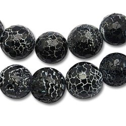 Cracked black agate, round facetted bead, 12mm, 4 pcs.