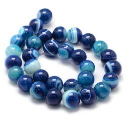 Band-Achat, gef&auml;rbt, ganzer Strang, blau, runde Perle, 12 mm, ca. 32 Stk.