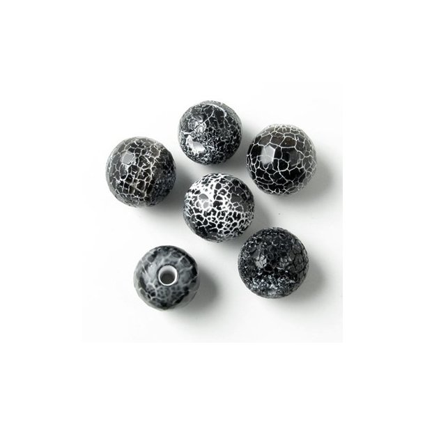 Cracked sort agat, rund facet perle, 8 mm. 6 stk