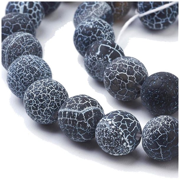 Cracked black agate, matte round bead, 12mm. 6 pcs