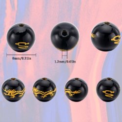 Agate bead with golden dragon motif, black, round, 8 mm, 2 pcs.