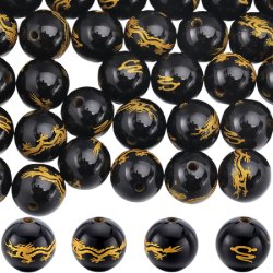 Agate bead with golden dragon motif, black, round, 8 mm, 2 pcs.