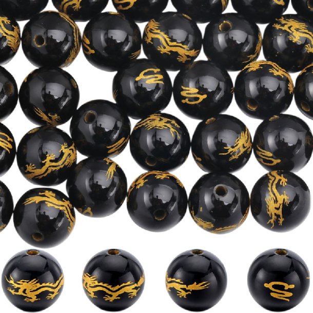 Agate bead with golden dragon motif, black, round, 8 mm, 2 pcs.