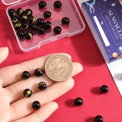 Agate bead with golden dragon motif, black, round, 8 mm, 2 pcs.