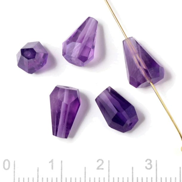 Amethyst, through drilled, teardrop-shaped, uneven faceted bead, purple, appx. 9x6 mm, 2 pcs