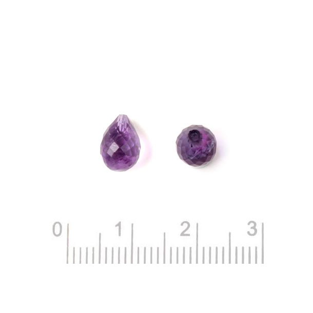 Amethyst teardrop, half-drilled, closely faceted, purple, A-grade, 8x6mm, 1pc.