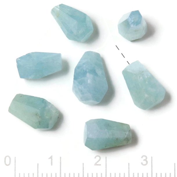 Aquamarine, half-drilled, teardrop-shaped, uneven faceted bead, turquoise, appx. 9x6 mm, 2 pcs