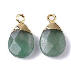 Anh&auml;nger, aventurin, flacher Tropfen, vergoldete Messingspitze, 18x10x5mm, 1 Stk.