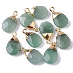 Anh&auml;nger, aventurin, flacher Tropfen, vergoldete Messingspitze, 18x10x5mm, 1 Stk.