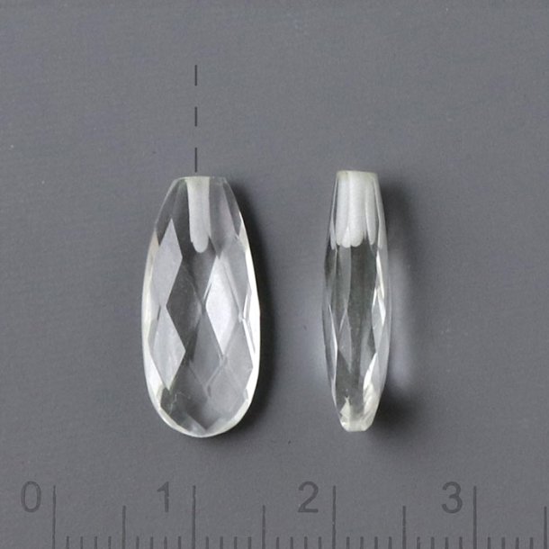 Mountain quartz teardrop, flat, half-drilled, closely faceted, clear, 18x8x6mm, 1pc