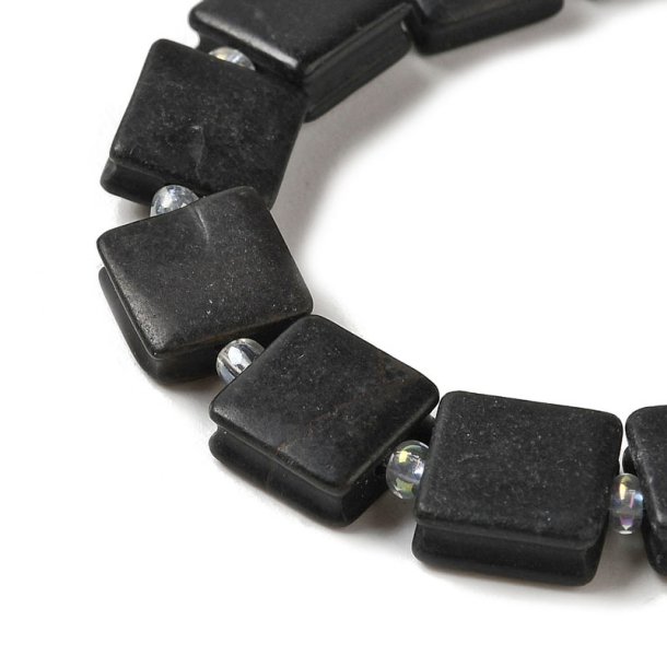 Black stone, flat square bead with grooves, for Macram, black, 10x10x5mm, 1pc