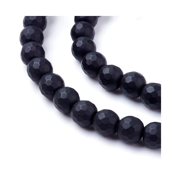 Black-stone, mat rund facetteret, hel perlestreng, 6 mm, 65 stk