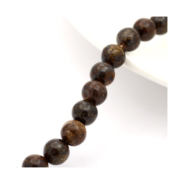 Bronzit, halv streng, rund perle, brunlig med gnister, 6 mm, 31 stk